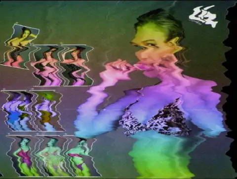 Three seconds of the 1984 catalogue cover through the scrambled channel. The torn shape of the model holds still while her face, arms and legs cycle through green, violet, magenta and yellow, and bands of colour drop out and come back across the frame.